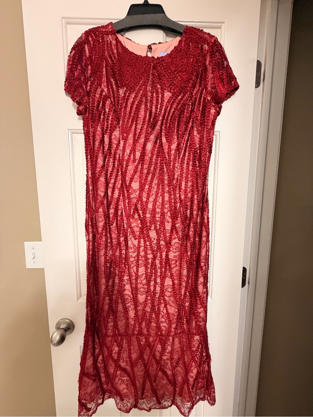 JS Collections Red Lace Dress with Textured Floral Overlay